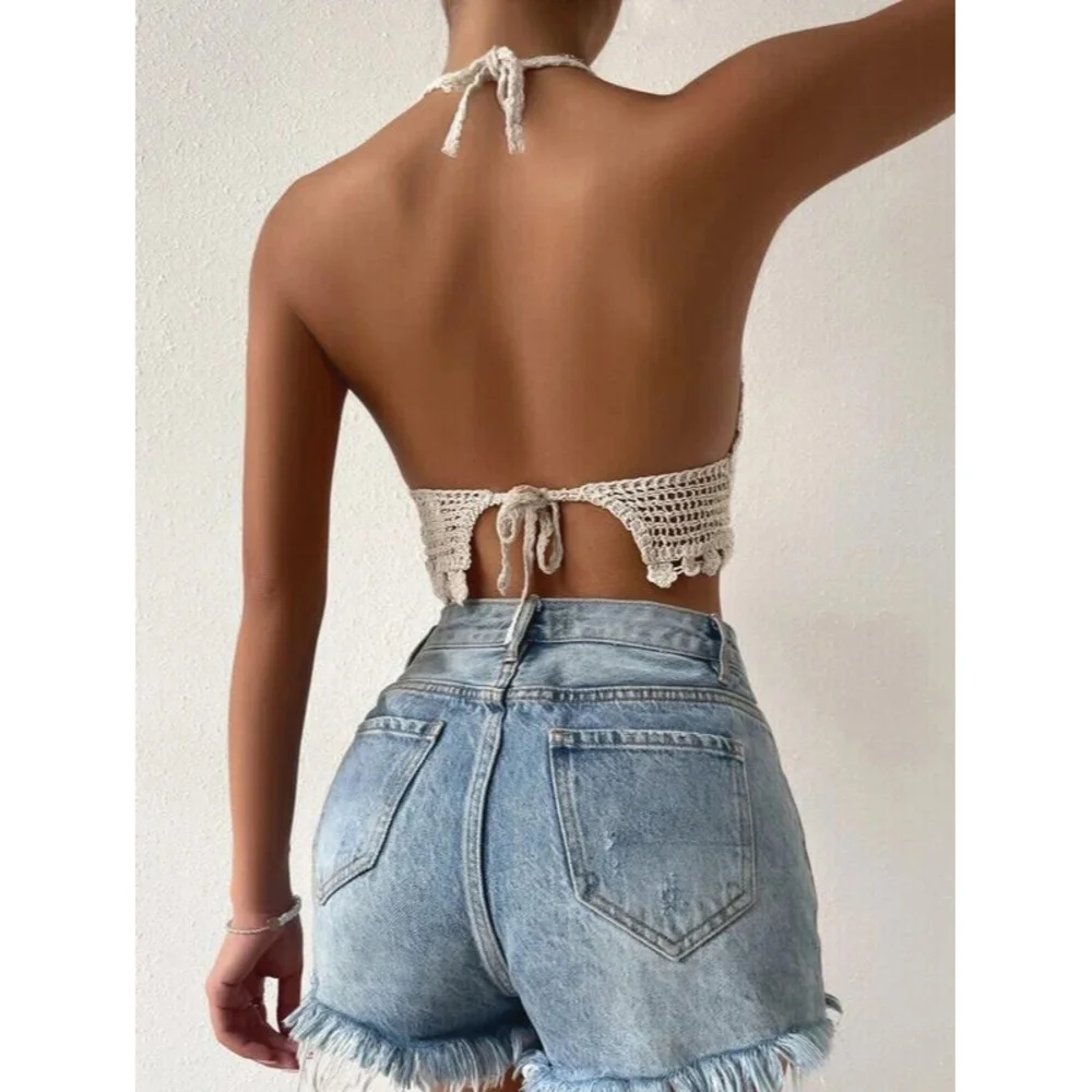 Hollow Out Bandana Hem Tie Backless Halter Tankini Top - Picture 2 of 3